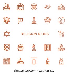 Editable 22 religion icons for web and mobile. Set of religion included icons line Candle, Nun, Spiritual, Dove, Badshahi mosque, Pagoda, Christian, Easter eggs on white background