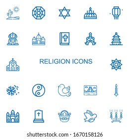 Editable 22 religion icons for web and mobile. Set of religion included icons line Desert, Pagan, Judaism, Candle, Lantern, Sphinx, Badshahi mosque, Bible on white background