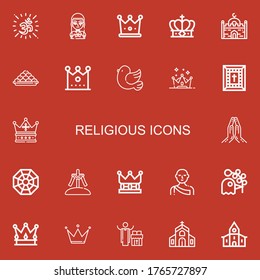 Editable 22 religious icons for web and mobile. Set of religious included icons line Om, Gothic, Crown, Mosque, Laddu, Pigeon, Bible, Praying, Pagan, Calvary on red background