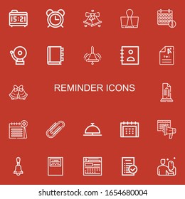 Editable 22 reminder icons for web and mobile. Set of reminder included icons line Alarm clock, Alarm, Bell, Clips, Calendar, Appointment book, Agenda, Exam on red background