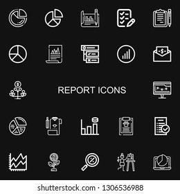 Editable 22 report icons for web and mobile. Set of report included icons line Pie chart, Analytics, List, Clipboards, Tasks, Bars graphics, Bill, Growth, Chart on black background