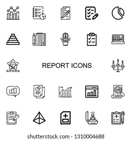 Editable 22 report icons for web and mobile. Set of report included icons line Analysis, Analytics, Test, List, Chart, Pyramid, Growth, Checklist, Profit, Satisfaction on white background