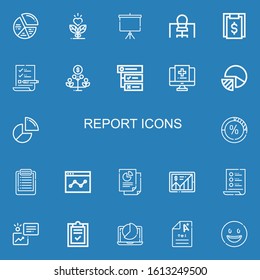 Editable 22 report icons for web and mobile. Set of report included icons line Chart, Growth, Projector screen, Office, Bill, List, Tasks, Medical record, Pie chart on blue background