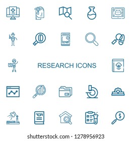 Editable 22 research icons for web and mobile. Set of research included icons line Medical record, Observation, Search, Flask, Ultrasound, Detective, Catalog on white background
