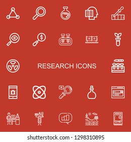 Editable 22 research icons for web and mobile. Set of research included icons line Molecules, Search, Flask, Intellectual, Pipette, Magnifying glass, Test tube on red background