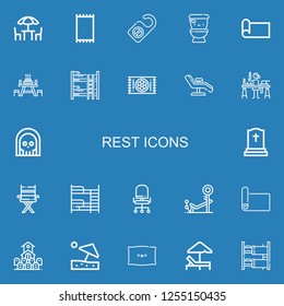 Editable 22 rest icons for web and mobile. Set of rest included icons line Chairs, Carpet, Door hanger, Wc, Yoga mat, Picnic table, Bunk bed, Chair, Candle making on blue background