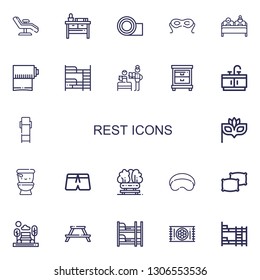 Editable 22 rest icons for web and mobile. Set of rest included icons line Chair, Nightstand, Yoga mat, Eye mask, Double bed, Bunk bed, Bedtime, Bathroom, Lounge chair on white background