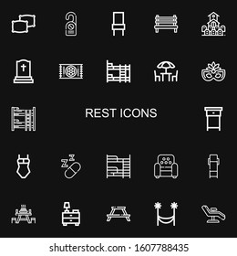Editable 22 rest icons for web and mobile. Set of rest included icons line Pillows, Door hanger, Chair, Bench, Cemetery, Tombstone, Carpet, Bunk bed, Chairs on black background