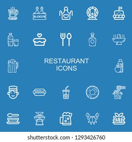 Editable 22 restaurant icons for web and mobile. Set of restaurant included icons line Coffee, Alcoholic drink, Apron, Beer, Burger, Drink, Cupcake, Cutlery on blue background