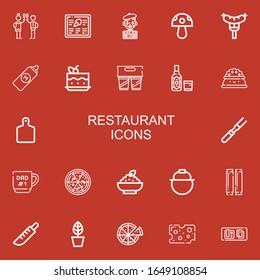 Editable 22 restaurant icons for web and mobile. Set of restaurant included icons line Toast, Menu, Mime, Mushroom, Sausage, Mustard, Cake, Drink, Beer, Plate on red background