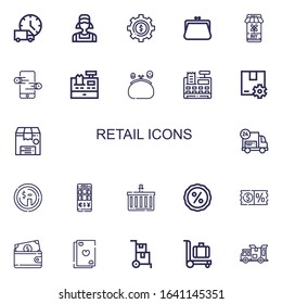 Editable 22 retail icons for web and mobile. Set of retail included icons line Delivery truck, Clerk, Dollar, Purse, Shopping online, Online store, Cashier on white background