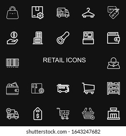 Editable 22 retail icons for web and mobile. Set of retail included icons line Bag, Package, Delivery, Hanger, Discounts, Dollar, Shopping center, Opener, Cash machine on black background