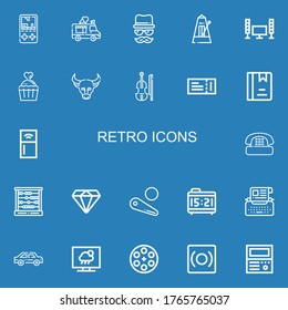 Editable 22 retro icons for web and mobile. Set of retro included icons line Gameboy, Ice cream truck, Disguise, Metronome, Television, Cupcake, Buffalo, Violin on blue background