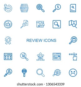 Editable 22 review icons for web and mobile. Set of review included icons line Evaluation, Feedback, Search, Evaluate, Recommendation, Rate, Satisfaction, Rating on white background