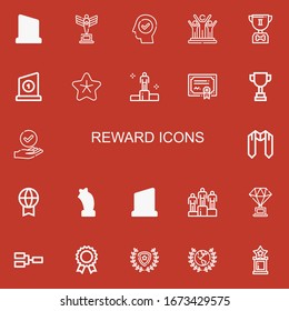 Editable 22 reward icons for web and mobile. Set of reward included icons line Trophy, Success, Star, Winning, Merit, Sash, Prize, Competition, Winner, Award on red background