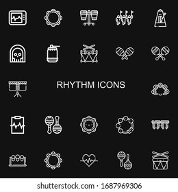 Editable 22 iconos de ritmo para web y móvil. Conjunto de ritmos incluidos íconos línea Electrocardiograma, Tambourina, Tambor, Desfile, Metronoma, Muerte, Maracas, Cardiograma sobre fondo negro