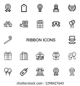 Editable 22 ribbon icons for web and mobile. Set of ribbon included icons line Ribbon, Tag, Badge, Dutch, Winner, Gifts, Gift, Wedding invitation, Banner, Balloon on white background