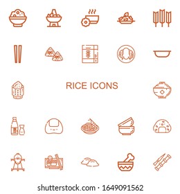Editable 22 rice icons for web and mobile. Set of rice included icons line Rice, Bowl, Wheat, Chopsticks, Zongzi, Cereal, Peking duck, Sake, Onigiri, Pad thai on white background