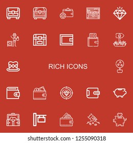 Editable 22 rich icons for web and mobile. Set of rich included icons line Chest, Wallet, Treasure, Diamond, Banker, Sign, Top hat, Money tree, Piggy bank, Riches on red background
