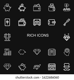 Editable 22 rich icons for web and mobile. Set of rich included icons line Piggy bank, Wallet, Sign, Mahjong, Chest, Investment, Diamond, Earnings, Top hat on black background
