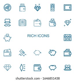 Editable 22 rich icons for web and mobile. Set of rich included icons line Sign, Wallet, Diamond, Top hat, Chest, Piggy bank, Riches on white background