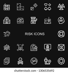 Editable 22 risk icons for web and mobile. Set of risk included icons line Dinamite, Domino, Dice, Poker, Biohazard, Casino, Arctic, Slot machine, Spyware on black background
