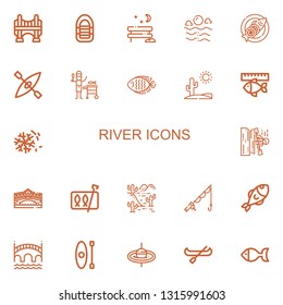 Editable 22 river icons for web and mobile. Set of river included icons line Bridge, Inflatable boat, Park, Sea, Fish, Kayak, Desert, Rialto bridge, Sardines on white background