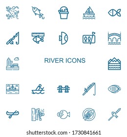 Editable 22 river icons for web and mobile. Set of river included icons line Desert, Fish, Sailboat, Fishing, Sardines, Bridge, Park, Flood, Landscape, Rowing on white background