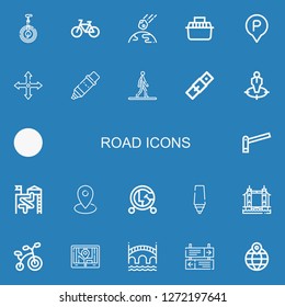 Editable 22 road icons for web and mobile. Set of road included icons line Unicycle, Bicycle, Collision, Transport, Parking, Position, Marker, Walking, Belt on blue background