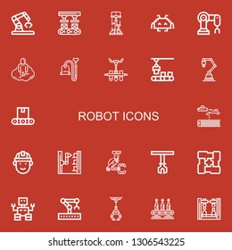 Editable 22 robot icons for web and mobile. Set of robot included icons line Robot, arm, Robotics, Space invaders, Astral, Vacuum, Conveyor, Industrial on red background