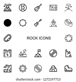 Editable 22 rock icons for web and mobile. Set of rock included icons line Volcano, DJ, Guitar, Turntable, Mountain, Tambourine, Electric guitar, Vinyl, Carabiner on white background