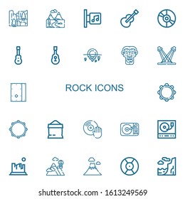 Editable 22 rock icons for web and mobile. Set of rock included icons line Cliff, Mountains, Music store, Guitar, Vinyl, Acoustic guitar, Iceberg, Caveman on white background