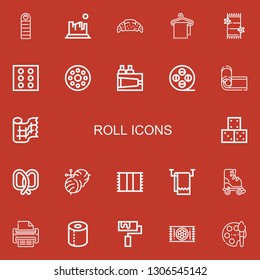 Editable 22 roll icons for web and mobile. Set of roll included icons line Sleeping bag, Rock, Croissant, Towel, Dice, Bobbin, Paint, Film reel, Yoga mat, Gauze on red background
