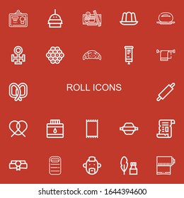 Iconos editables de 22 bobinas para web y móvil. El juego de rollos incluye íconos de línea Diploma, Burger, Sushi, Jelly, Bun, Cobre, Caviar, Croissant, Rolling, Toalla, Pretzel sobre fondo rojo