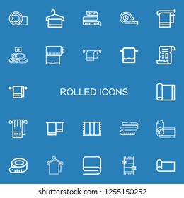 Editable 22 rolled icons for web and mobile. Set of rolled included icons line Yoga mat, Towel, Measuring tape, Towels, Papyrus on blue background