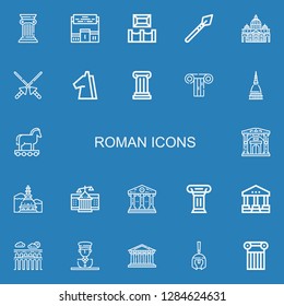 Editable 22 roman icons for web and mobile. Set of roman included icons line Column, Pedestal, Museum, Spear, Vaticano, Spears, Trojan, Mole antonelliana, Courthouse on blue background