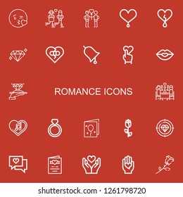 Editable 22 romance icons for web and mobile. Set of romance included icons line Kiss, Couple, Heart, Diamond, Broken heart, Ring, Romantic dinner, Birthday card on red background