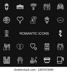 Editable 22 romantic icons for web and mobile. Set of romantic included icons line Bouquet, Rialto bridge, Toast, Wedding car, Holden, Heart, Wedding plans on black background