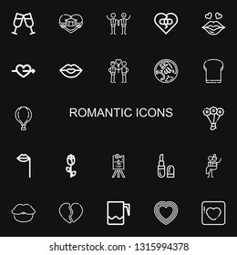 Editable 22 romantic icons for web and mobile. Set of romantic included icons line Toast, Honeymoon, Wedding, Broken heart, Kiss, Cupid, Couple, Holden, Hot air balloon on black background