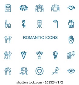 Editable 22 romantic icons for web and mobile. Set of romantic included icons line Wedding invitation, Toast, Romantic dinner, Cupid, Lipstick, Rose, Wedding sign on white background