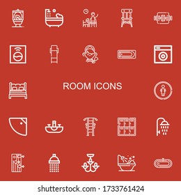 Editable 22 room icons for web and mobile. Set of room included icons line Wc, Bathtub, Waiting room, Chair, Work table, Washing machine, Lounge chair, Maid on red background