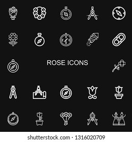 Editable 22 rose icons for web and mobile. Set of rose included icons line Bouquet, Flower, Compass, Petard, Hugh, Rose, Wedding on black background
