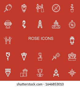 Editable 22 rose icons for web and mobile. Set of rose included icons line Rose, Bouquet, Wedding, Compass, Flower, Flower basket, Flowers, Tulip, Windrose on red background