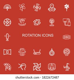 Iconos de rotación editables 22 para web y móvil. Conjunto de rotación incluido iconos línea Ventilador, molino de viento, hélice del motor, realidad virtual, hélice, Vr, retuiteo, sincronización en fondo rojo