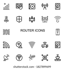 Editable 22 router icons for web and mobile. Set of router included icons line Wifi, Firewall, Dvd, Signal, Hard drive, Wifi signal, Router, Hard disc, Antenna on white background