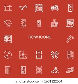 Editable 22 row icons for web and mobile. Set of row included icons line Queue, Canoe, Shelves, Shelf, Dominoes, Sharpener, Abacus, Quaver, Domino, Bookcase on red background