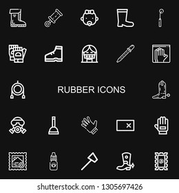 Editable 22 rubber icons for web and mobile. Set of rubber included icons line Boots, Rattle, Baby, Tracing wheel, Gloves, Boot, Censor, Pipette, Latex, Toy on black background