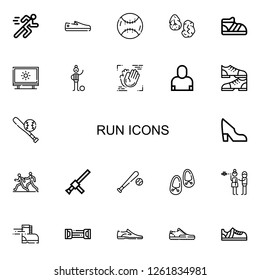 Editable 22 run icons for web and mobile. Set of run included icons line Running, Shoes, Baseball, Runes, Shoe, Tracing, Football player, Motion, Salesman on white background