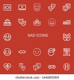 Editable 22 sad icons for web and mobile. Set of sad included icons line Mask, Theater, Theatre, Happy, Homeless, Shy, Sad, Expresso, Broken heart, Masks on red background