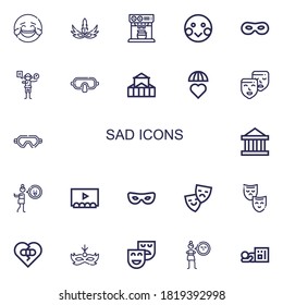 Bearbeitbar 22 traurige Symbole für Web und Mobile. Satz trauriger eingeschlossener Symbole Zeile Laughing, Mask, Expresso, Shy, Acting, Theater, Emotionen, Masken, ekelhaft, gebrochenes Herz auf weißem Hintergrund